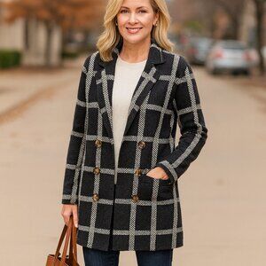 Black and White Windowpane Sweater Jacket Cardigan Open Front Pockets